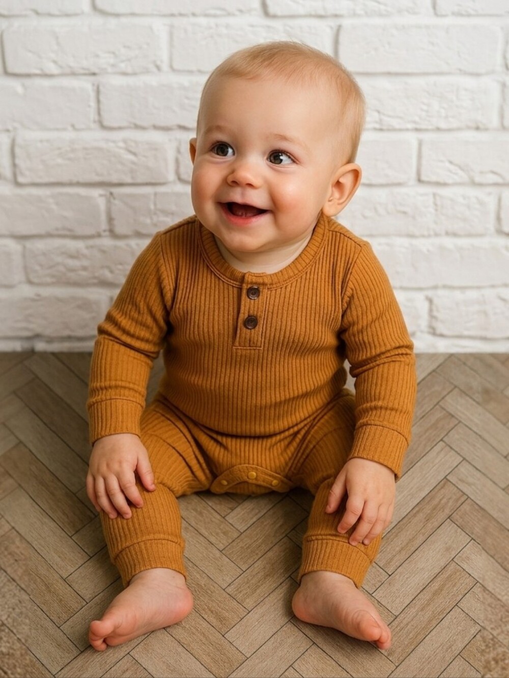 Ribbed Knit Baby Romper Mustard Camel Boho Neutral Long Sleeve Henley Jumpsuit